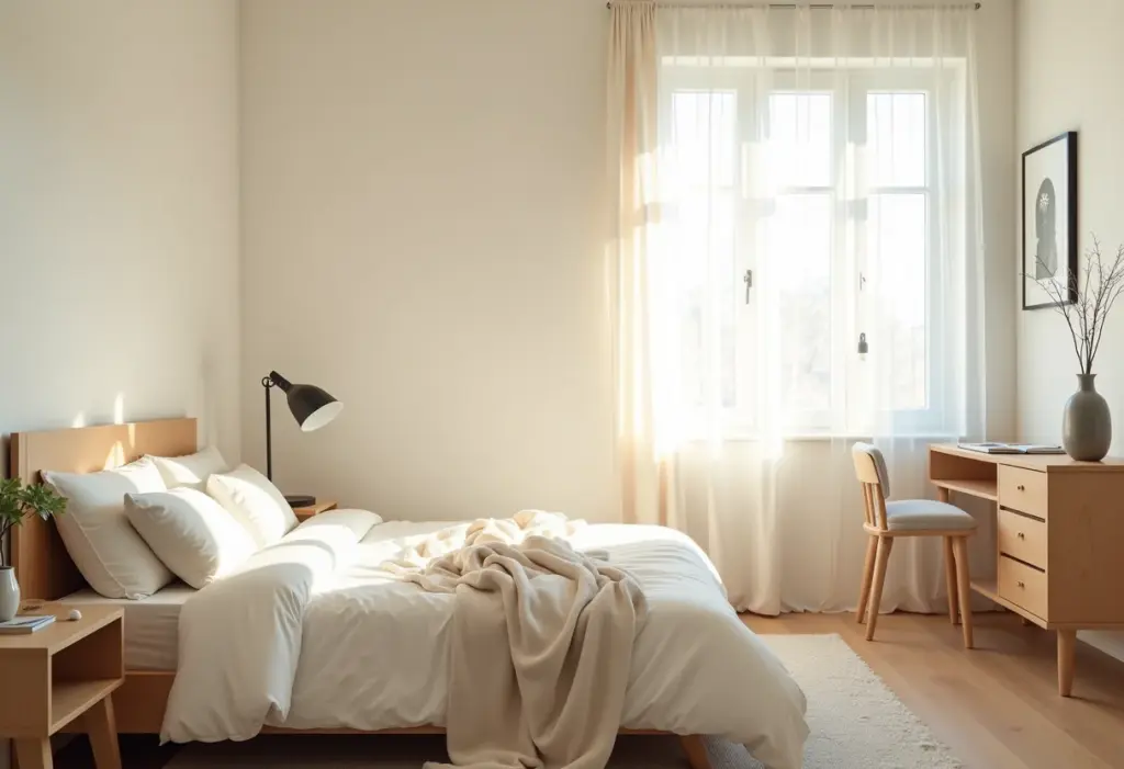 Quarto minimalista com cama arrumada e luz natural, representando o conceito de Feng Shui.