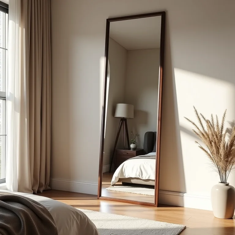 Quarto moderno com espelho de corpo inteiro com armário