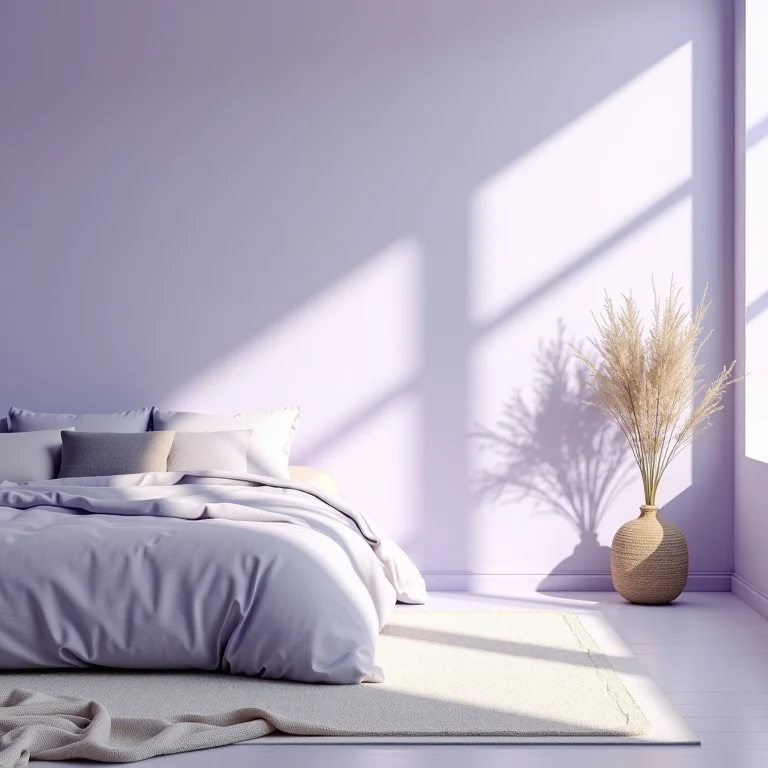 Quarto relaxante com paredes em tons de lavanda e azul claro.
