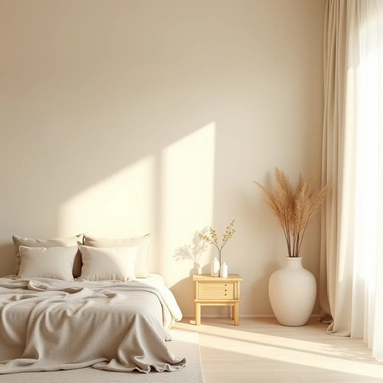 Quarto sereno com paredes bege e móveis de madeira natural.