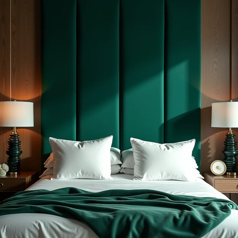 Quarto sofisticado com cabeceira estofada em tom vibrante