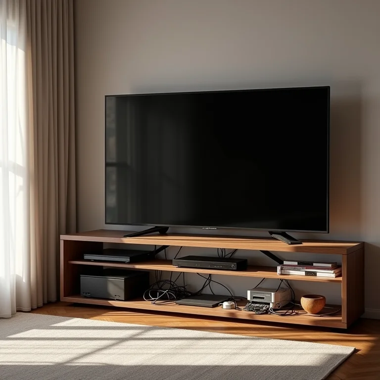 Rack de TV com design bonito, mas desorganizado