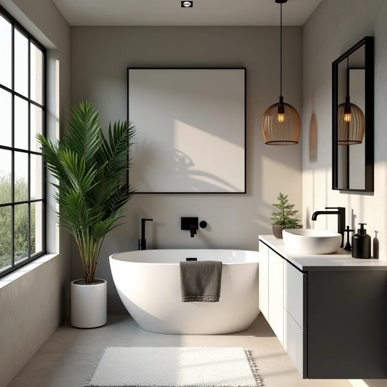 Regra 60-30-10 aplicada em banheiro preto e branco