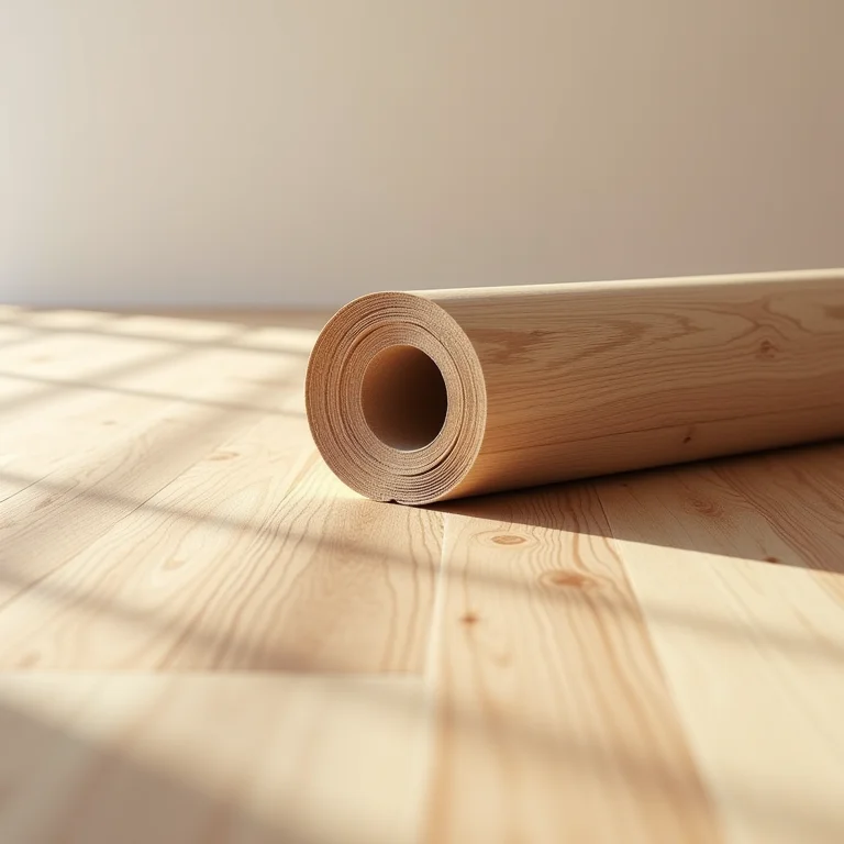 Rolo de revestimento vinílico amadeirado sendo desenrolado.