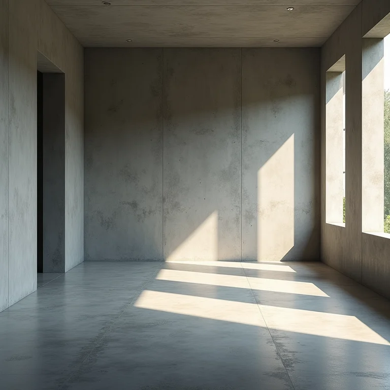 Sala de concreto vazia com ecos visuais, representando o desafio acústico.