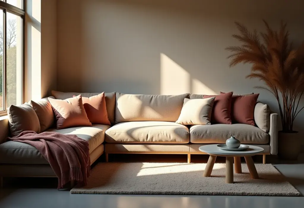 Sala de estar aconchegante com iluminação suave e texturas agradáveis.