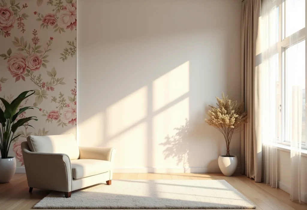 Sala de estar aconchegante com papel de parede floral.