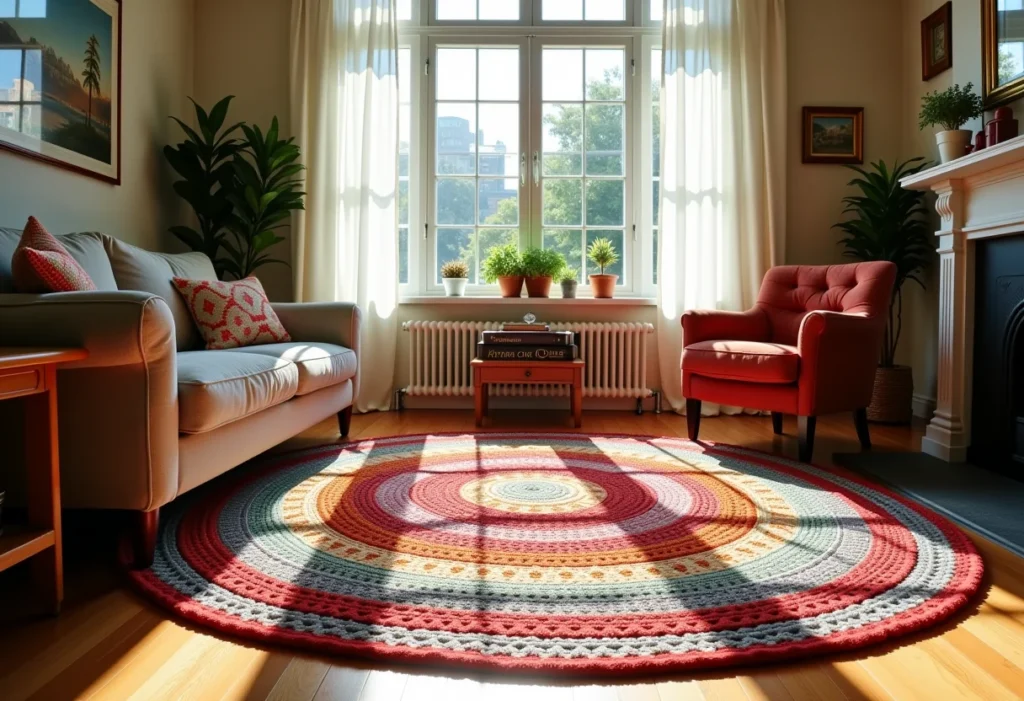 Sala de estar aconchegante com tapete de crochê vibrante