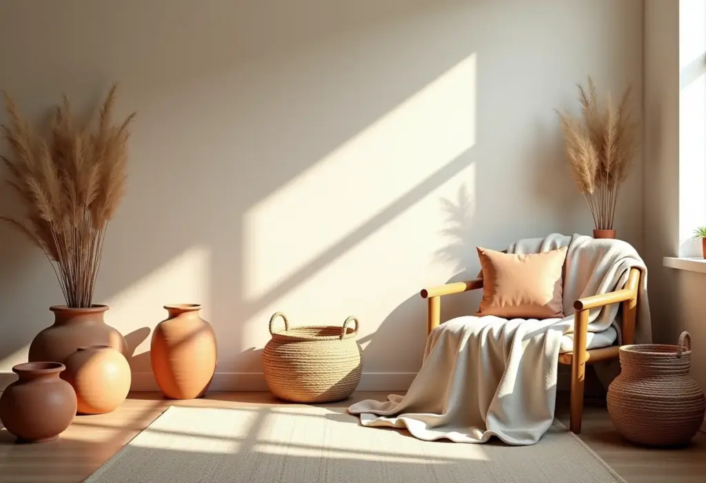 Sala de estar aconchegante decorada com cores terrosas