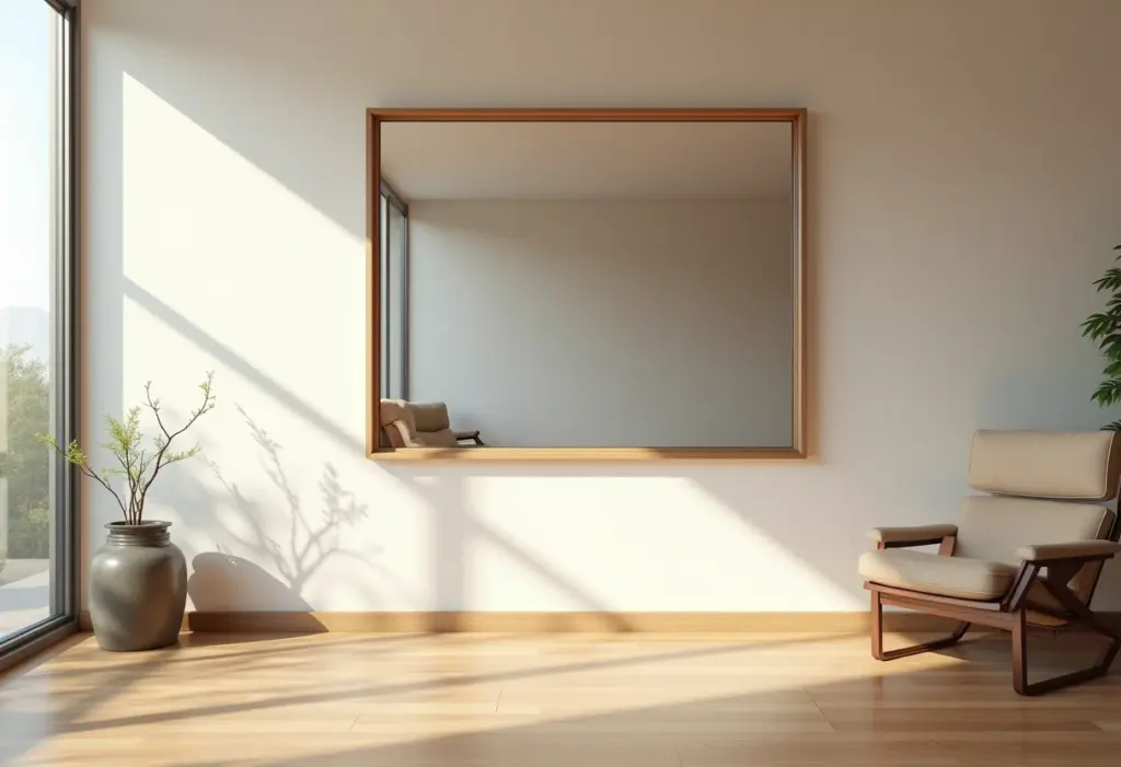 Decoração com espelhos: truques para ampliar (de verdade!) Sala de estar ampla com espelho grande refletindo luz natural