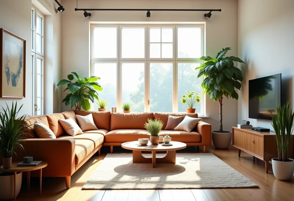 Sala de estar bem iluminada com móveis vintage e modernos, plantas e luz natural