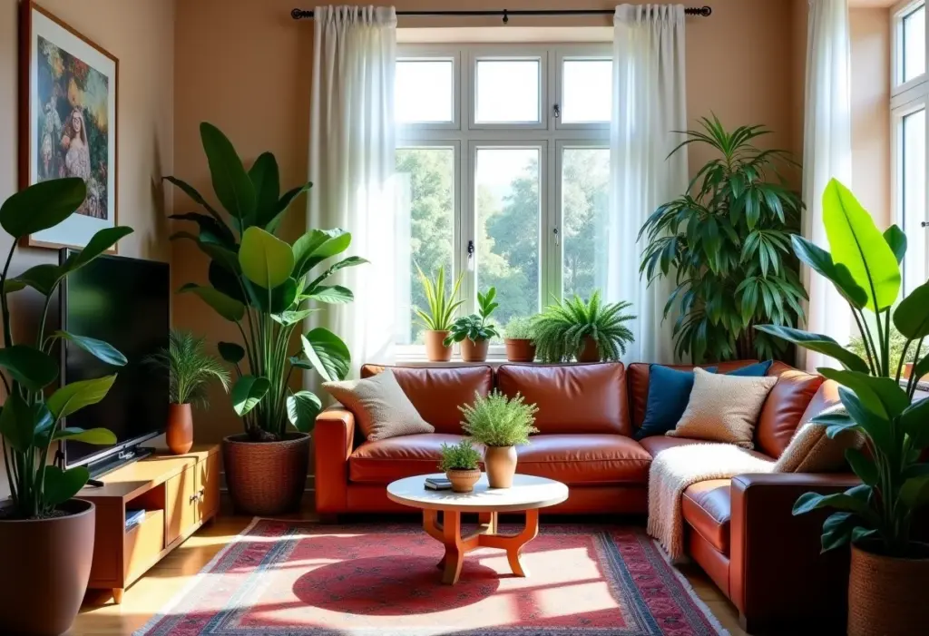 Plantas na decoração boho: 5 erros que você precisa evitar URGENTE Sala de estar boho com plantas exuberantes e decoração eclética, representando erros comuns no cuidado com as plantas.
