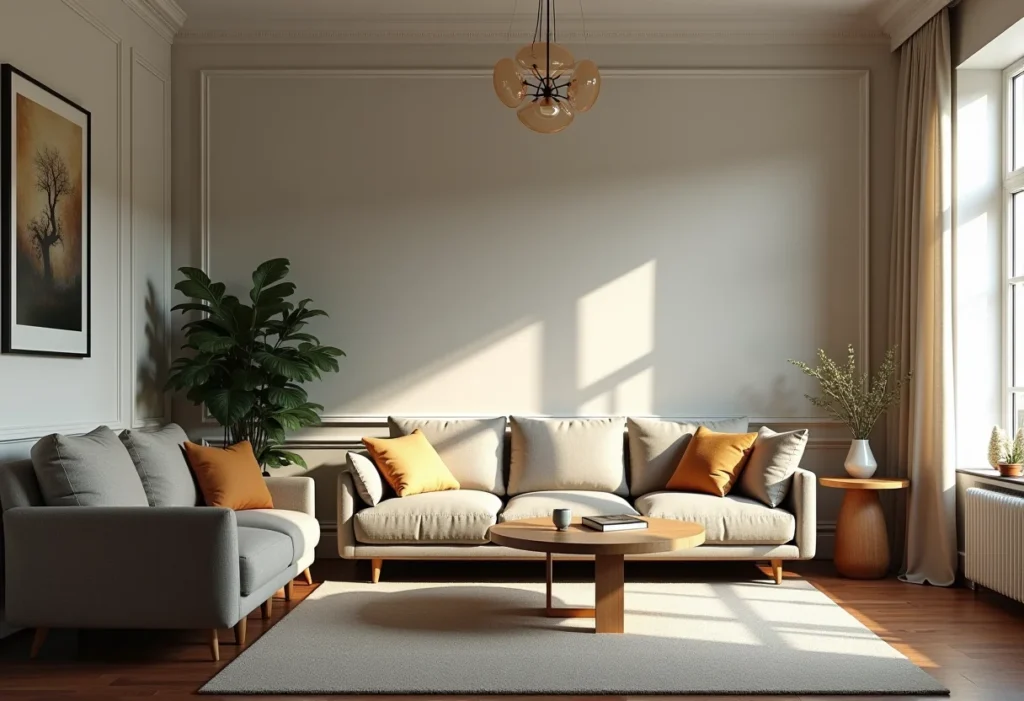 Sala de estar clássica com elementos de decoração modernos e antigos