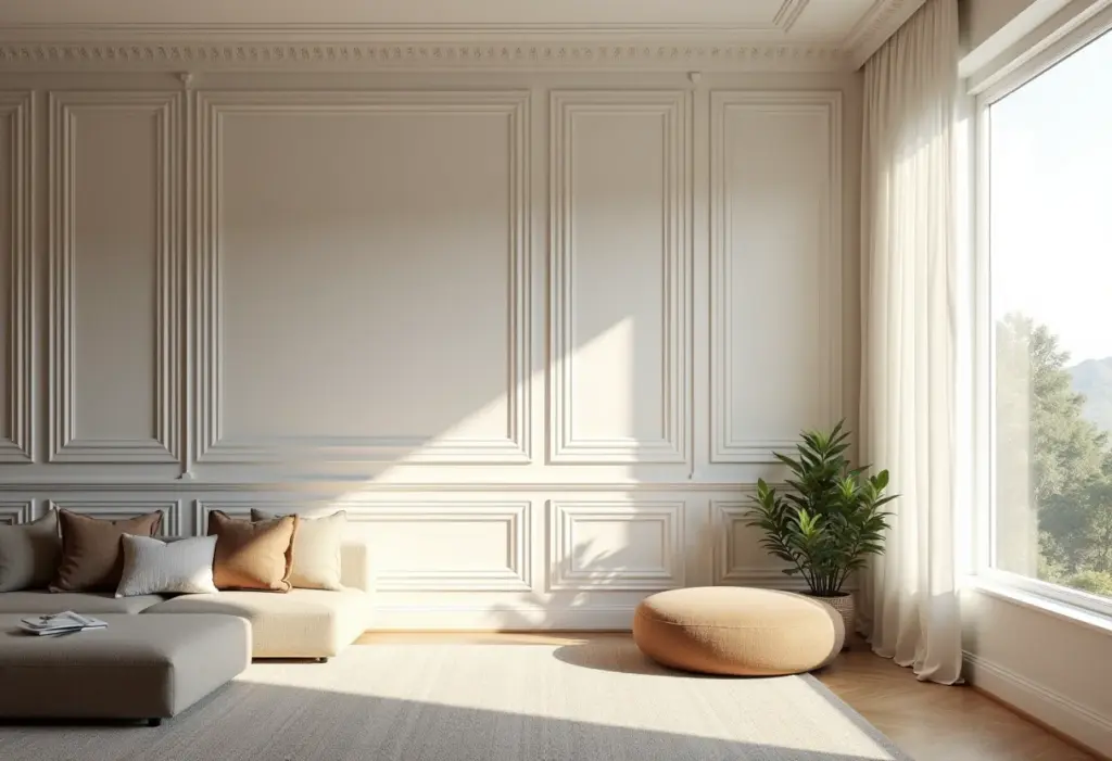 Sala de estar com boiserie branca e decoração minimalista.