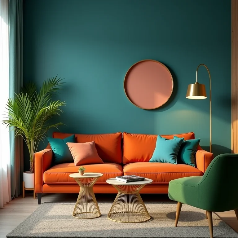Sala de estar com cores complementares: sofá laranja queimado, poltrona verde musgo e detalhes em azul petróleo.