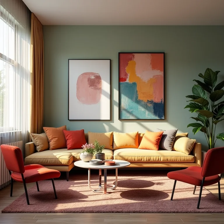 Sala de estar com cores e estampas conflitantes, exemplo de decoração exagerada.