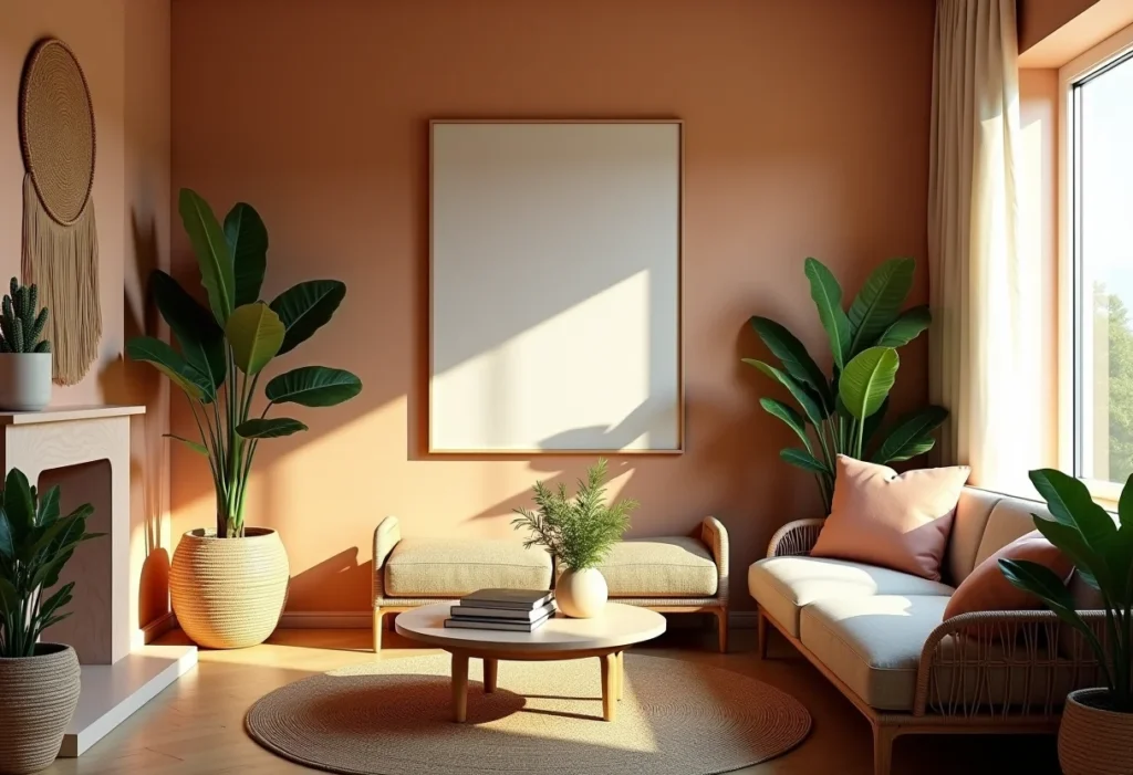 Cores estilo boho: Guia definitivo para um ambiente aconchegante Sala de estar com decoração boho em tons terrosos e iluminação suave.