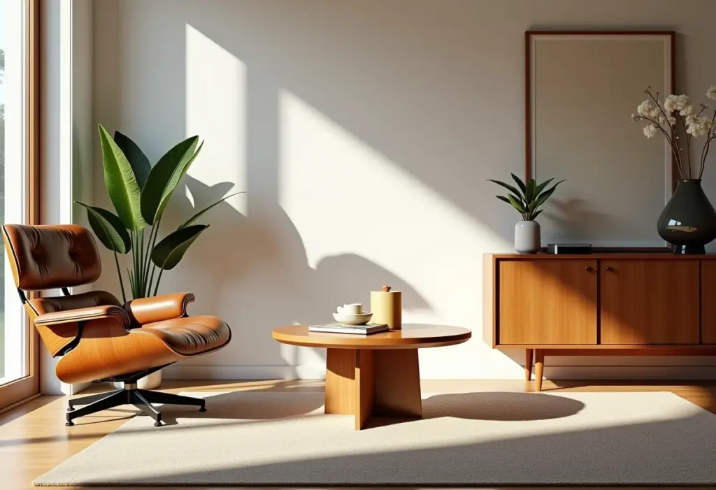 Estilo Mid-Century Modern: 5 erros que você precisa evitar! Sala de estar com design Mid-Century Modern: cadeira Eames, mesa Noguchi e iluminação suave.