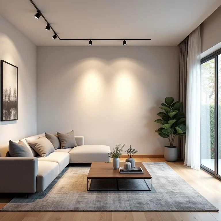 Sala de estar com design moderno e iluminação de trilho