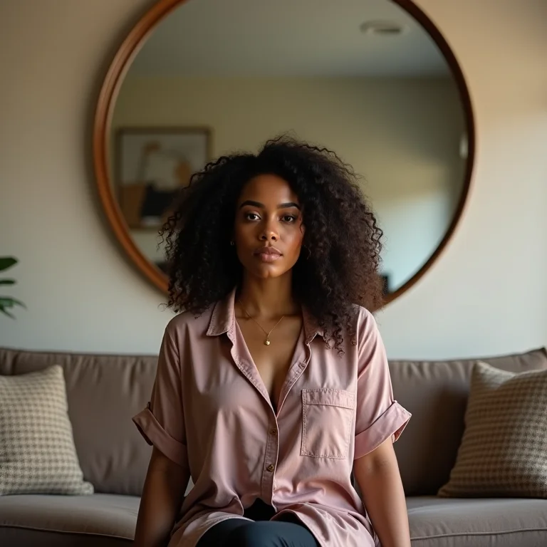 Sala de estar com espelho e mulher no sofá