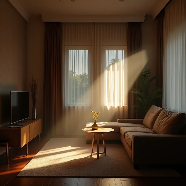 Sala de estar com iluminação artificial inadequada.