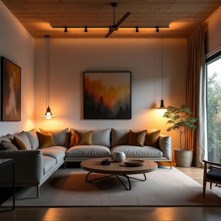 Sala de estar com iluminação planejada destacando diferentes tipos de luz.