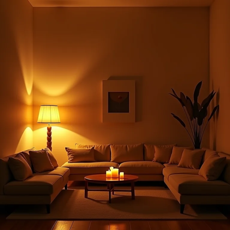 Sala de estar com iluminação quente e aconchegante