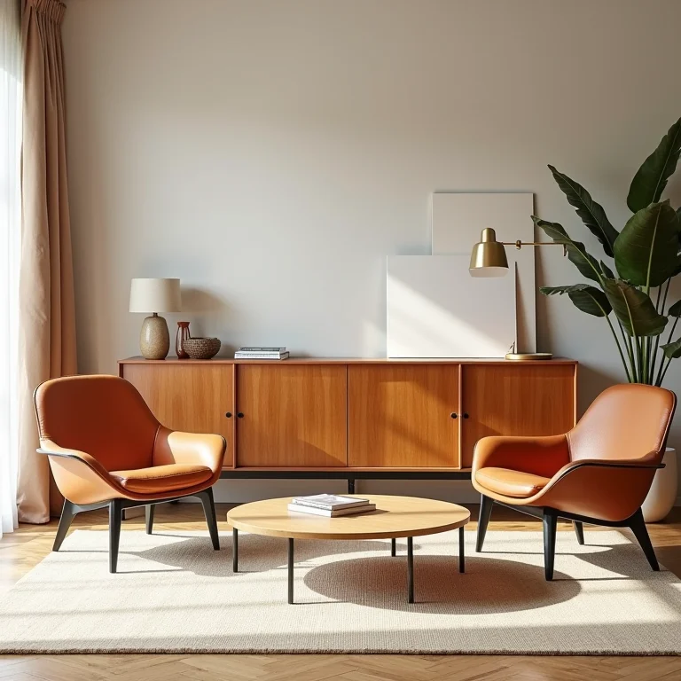 Sala de estar com materiais que não harmonizam com o estilo Mid-Century Modern: cadeira de plástico, mesa de metal e armário laqueado brilhante.