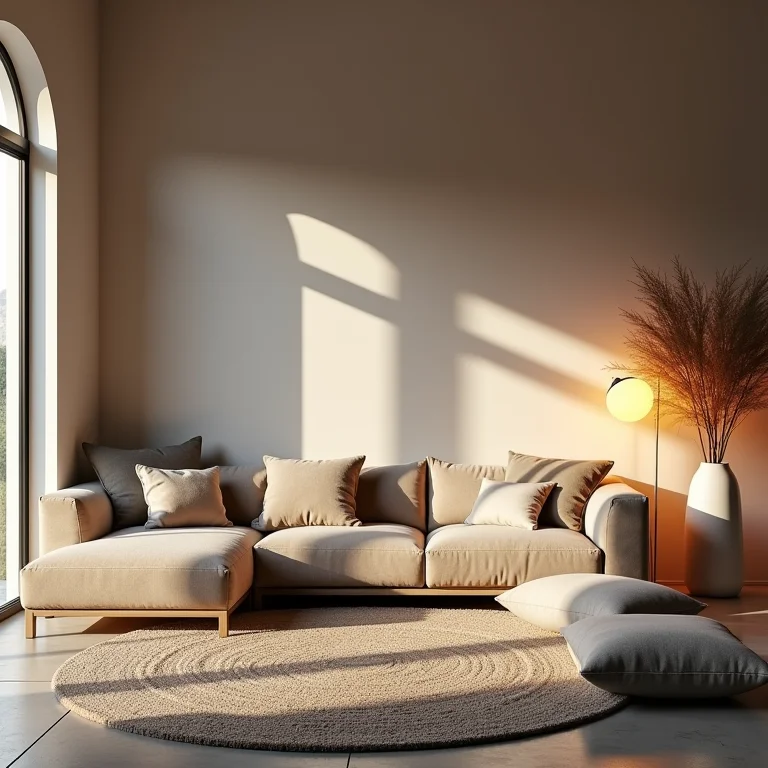 Sala de estar com minimalismo equilibrado por texturas, almofadas e iluminação quente, criando um ambiente aconchegante.