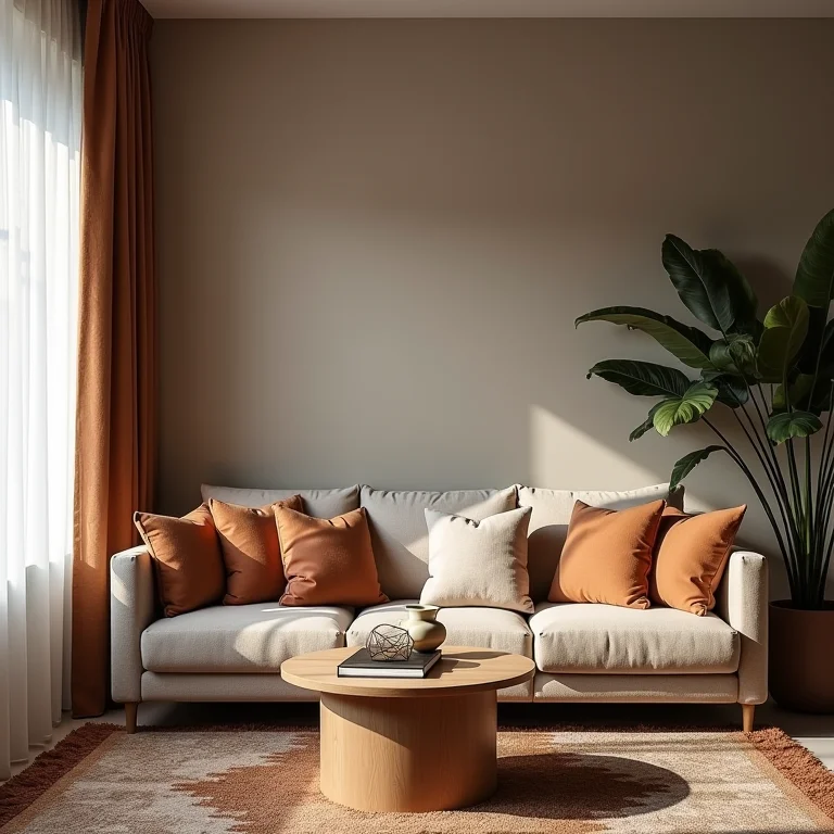 Sala de estar com paleta de cores sem vida, transmitindo monotonia e falta de energia.