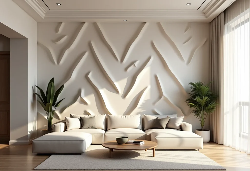 Sala de estar com papel de parede 3D geométrico criando ilusão de profundidade