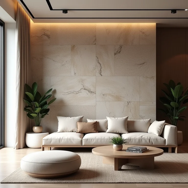 Sala de estar com parede de destaque em pedra natural