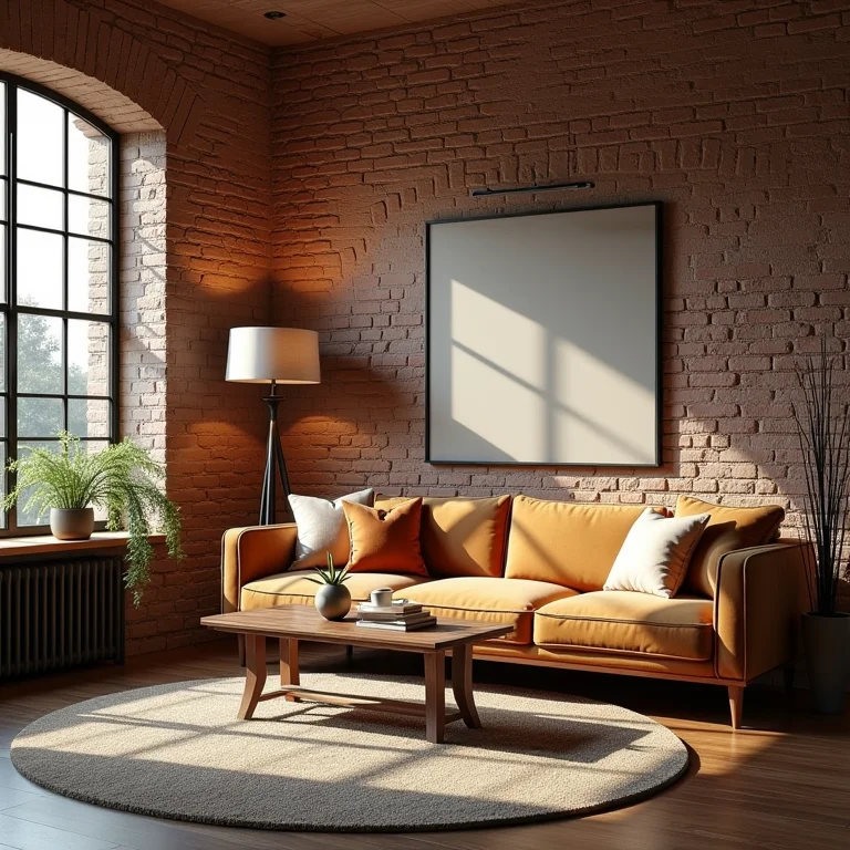Sala de estar com parede de tijolinho e decoração vintage