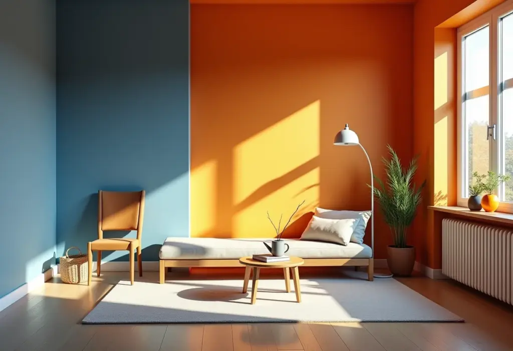 Sala de estar com paredes em cores complementares azul e laranja