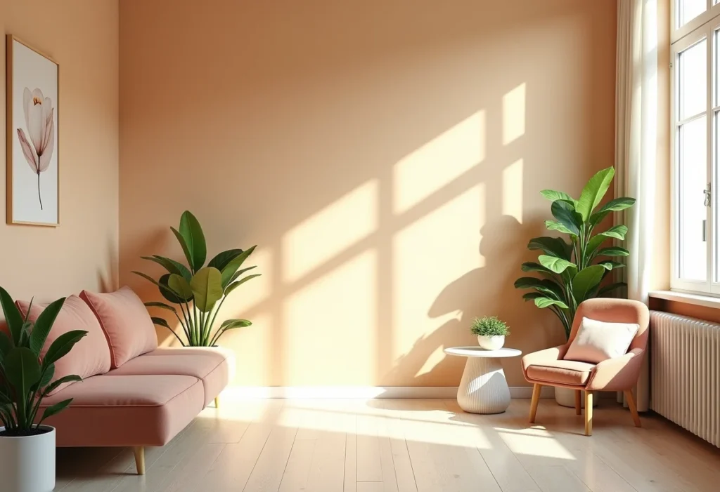 Sala de estar com paredes em tom terroso e decoração minimalista