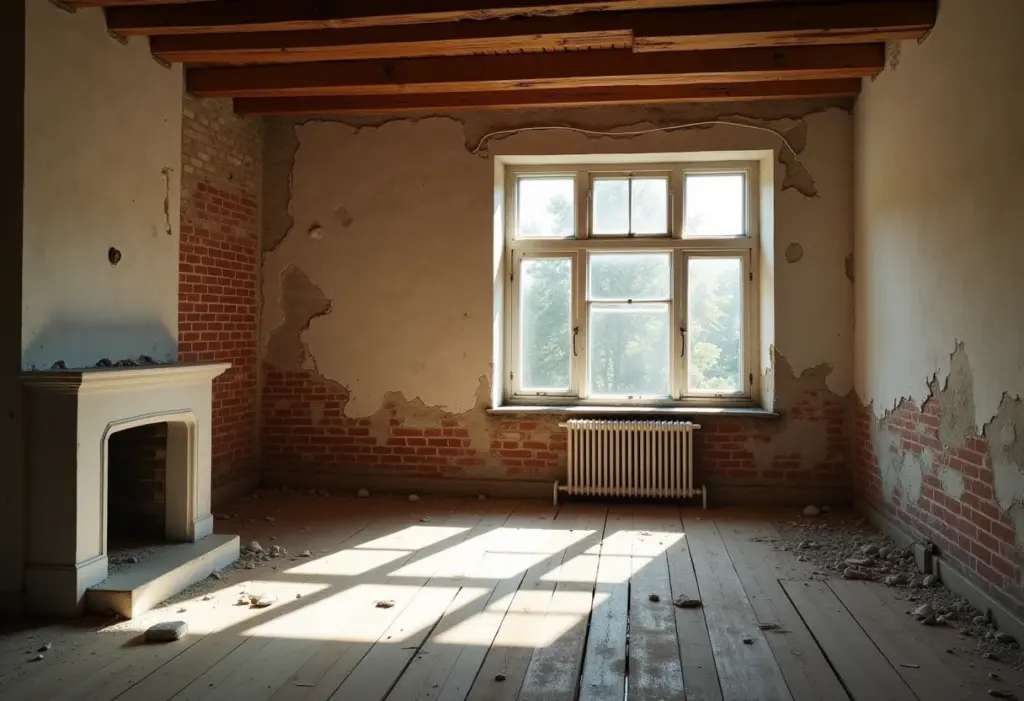 Sala de estar de casa antiga em reforma com tijolos à vista e luz natural