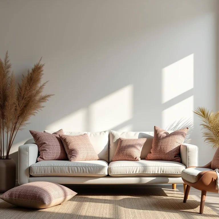 Sala de estar decorada com almofadas estampadas.