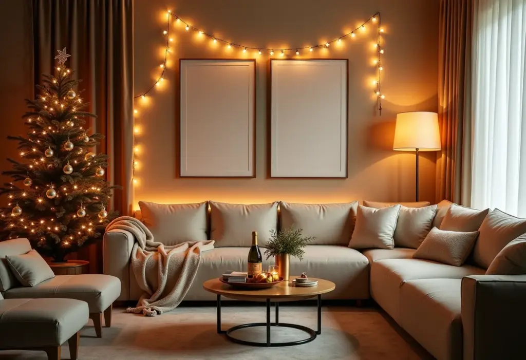 Sala de estar decorada para o Ano Novo com toques dourados e iluminação suave