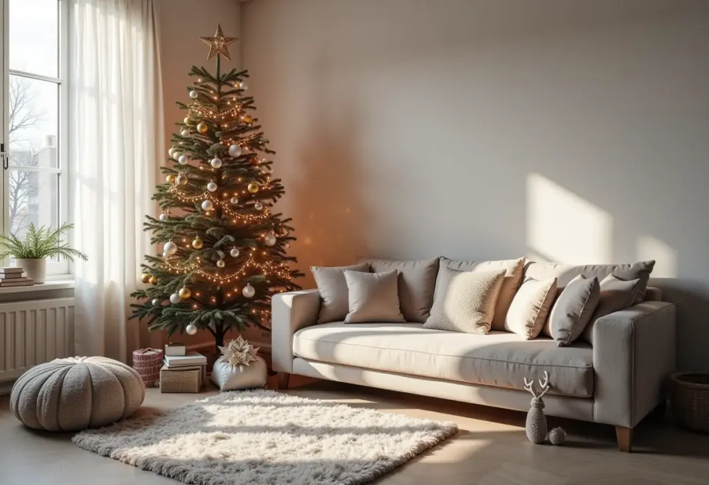 Sala de estar decorada para o Natal com estilo moderno e elegante