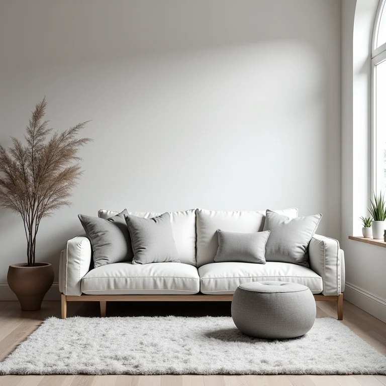Sala de estar escandinava com paleta de cores monocromática.