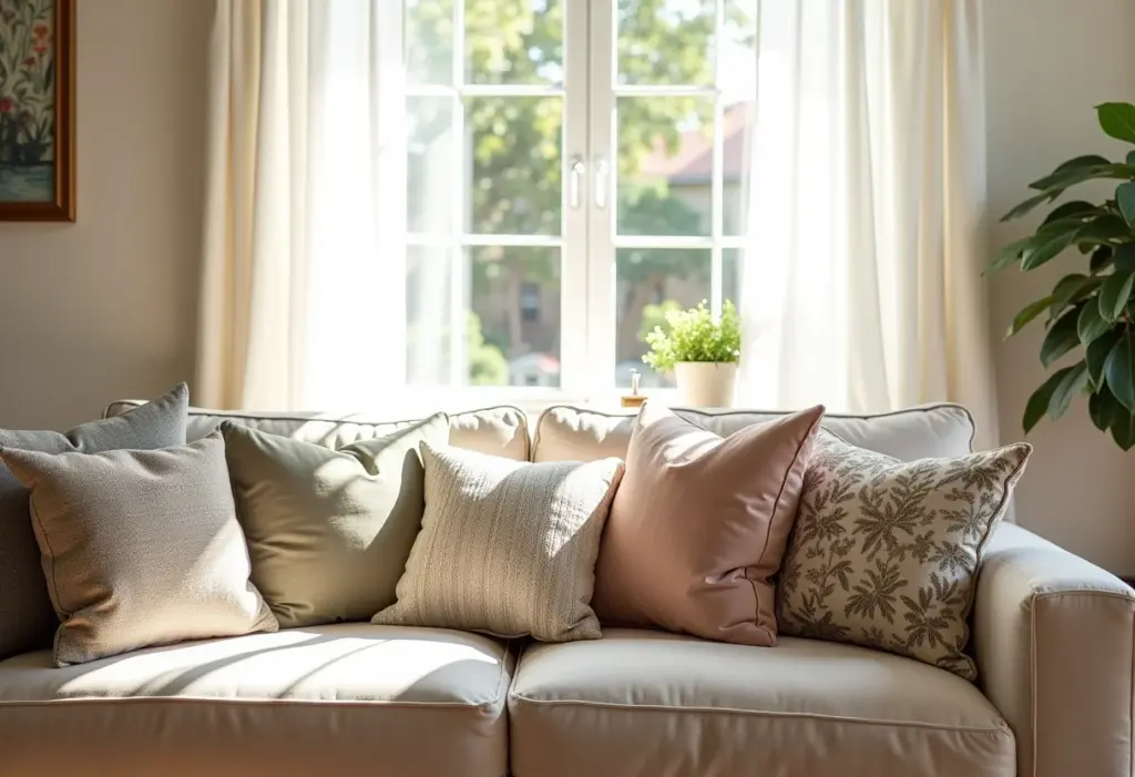 Sala de estar iluminada com almofadas estampadas vibrantes.