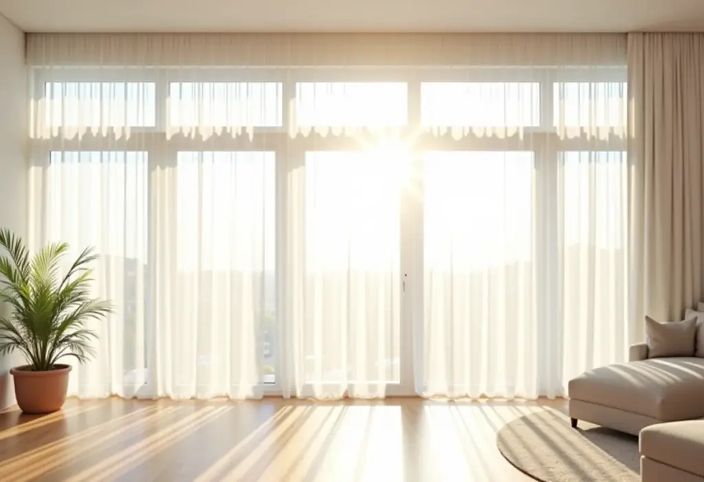 Persiana ou cortina: qual a melhor opção para sua casa? Sala de estar iluminada com cortinas e persianas modernas