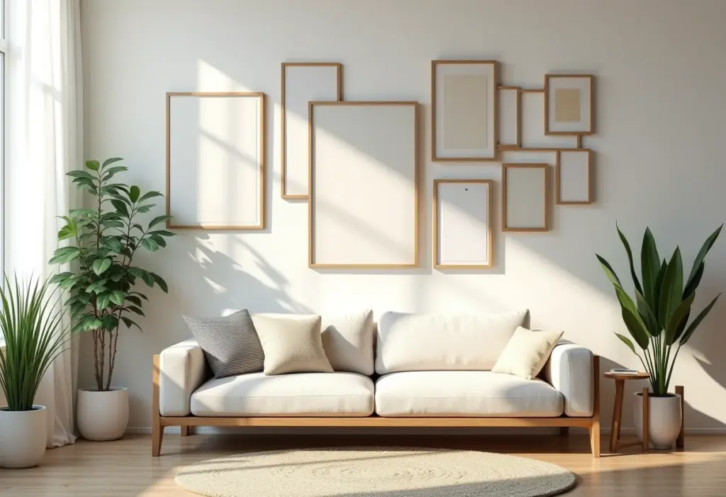 Sala de estar iluminada com galeria de parede e decoração DIY