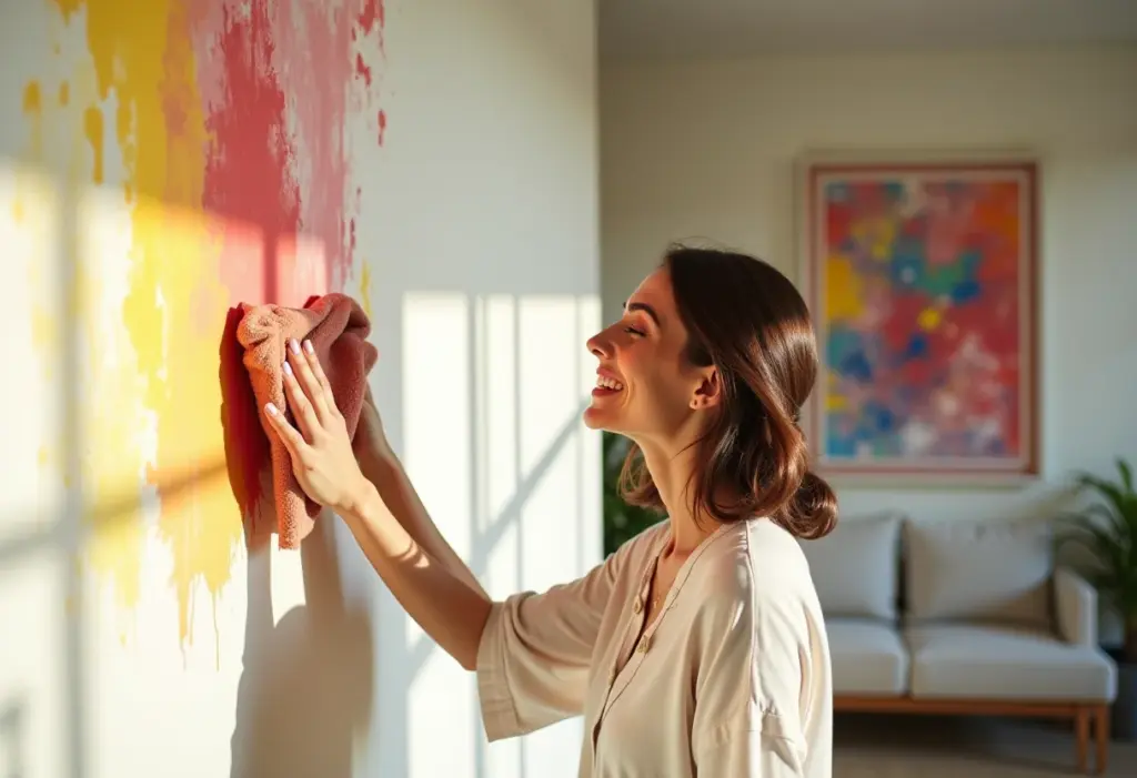 Tinta Lavável: Guia Completo para Nunca Mais Sofrer com Limpeza Sala de estar iluminada com parede sendo limpa, demonstrando a facilidade de limpeza da tinta lavável.