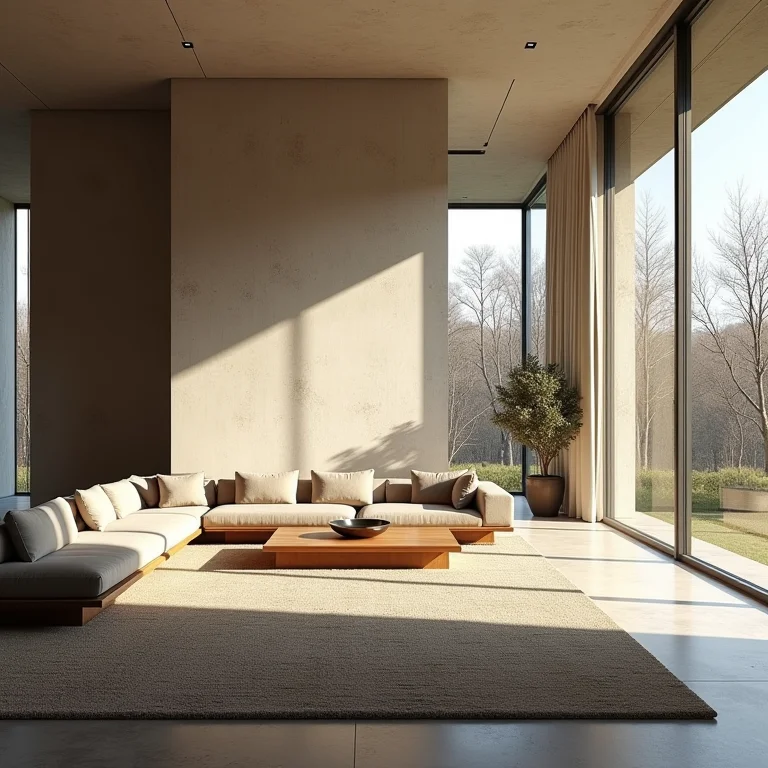 Sala de estar iluminada naturalmente em uma casa brutalista.