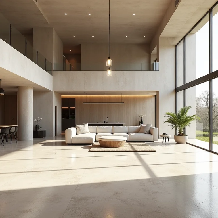 Sala de estar integrada em casa brutalista com proporções equilibradas.