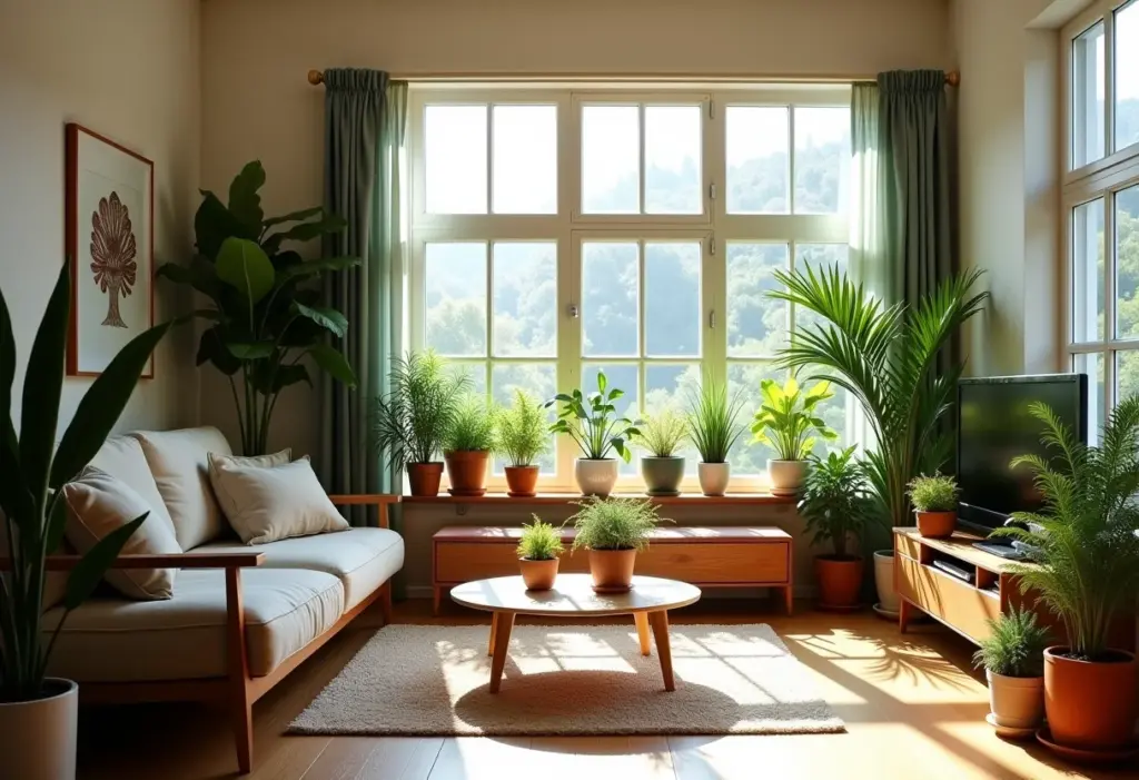 Reforma Sustentável: o guia para economizar e ajudar o planeta Sala de estar luminosa com decoração sustentável e plantas