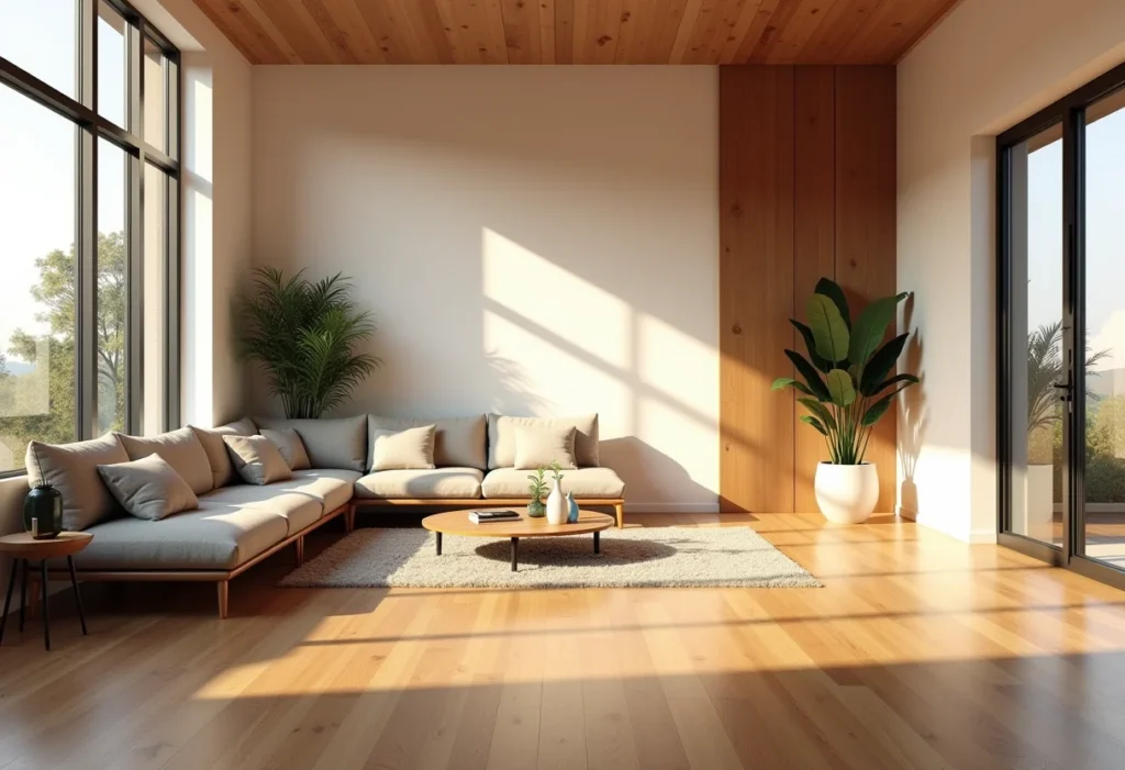 Sala de estar luxuosa com piso de madeira maciça