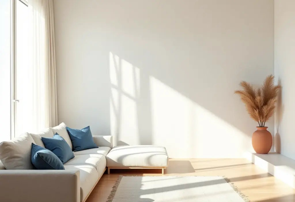 Sala de estar mediterrânea ensolarada com paredes brancas e toques de azul e terracota.