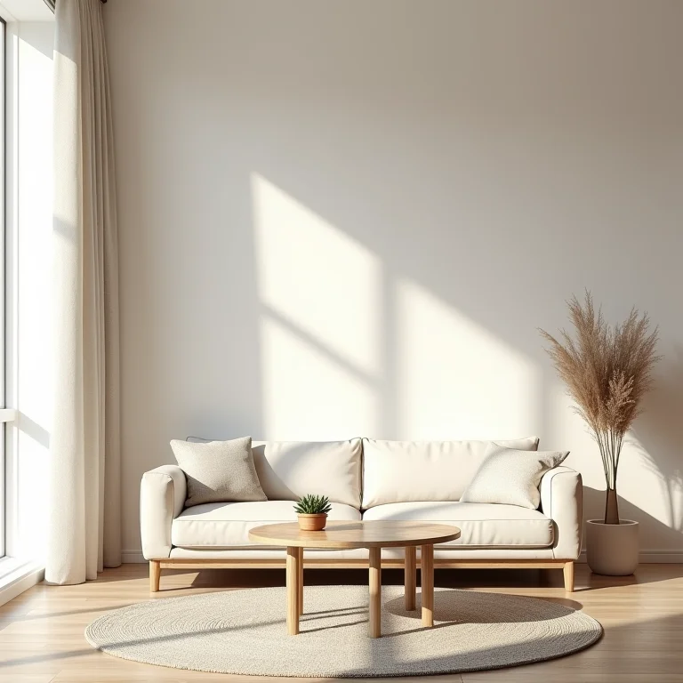 Sala de estar minimalista com paleta de cores neutras e texturas naturais